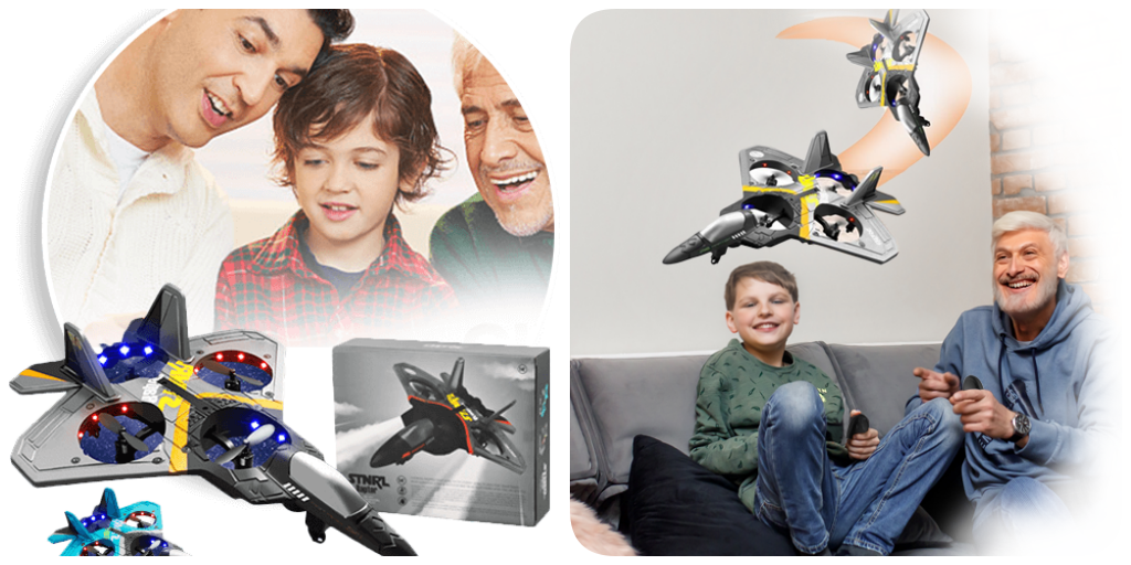 collage of families playing with Stealth Raptor Plane